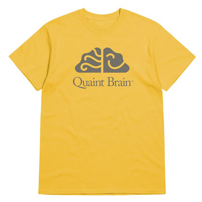 AI t-shirt that is yellow and 100% cotton and features the Quaint Brain logo.